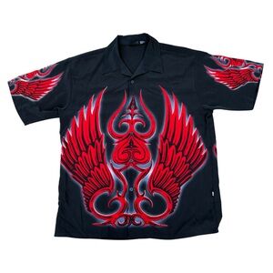 Silverpoint Korea Flame Wing Shirt XL Tribal Gothic Red Black Button Front Biker
